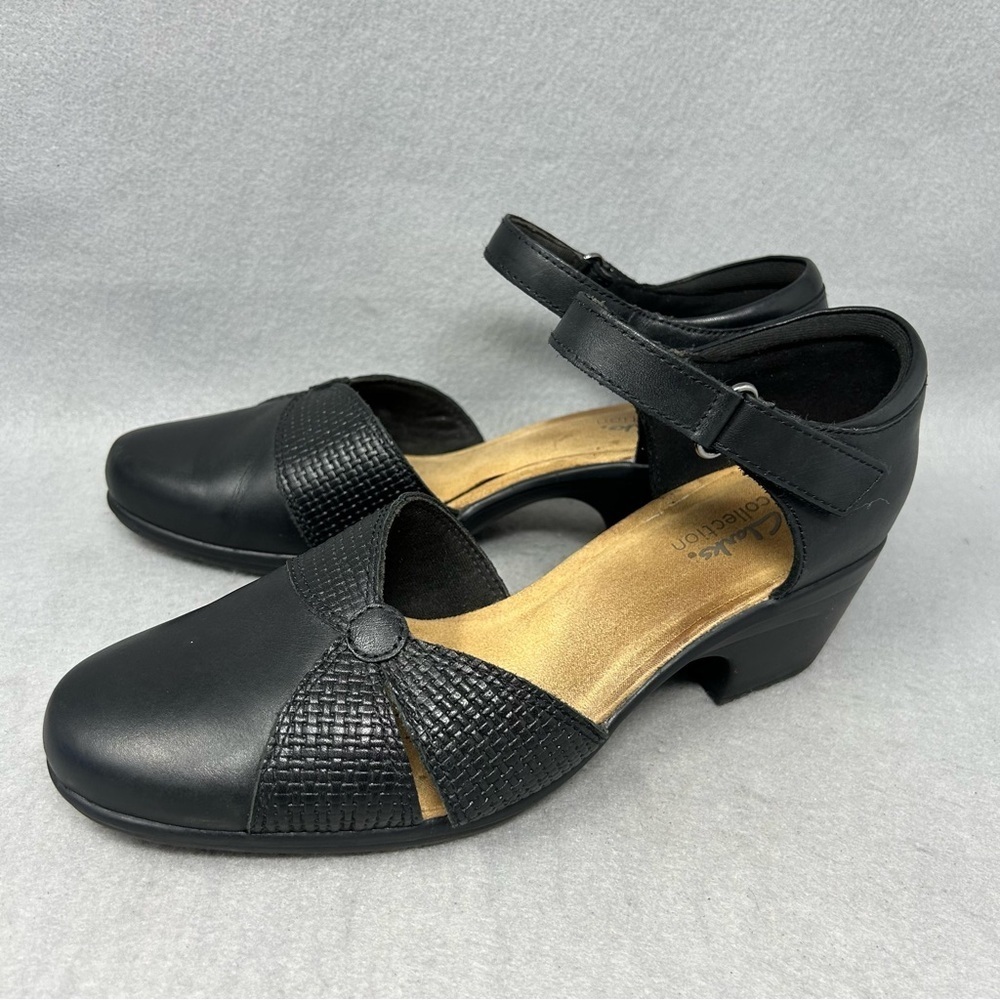 Clarks Emily Rae Mary Jane Shoes Women's 9W Wide Black Leather Comfort Heels